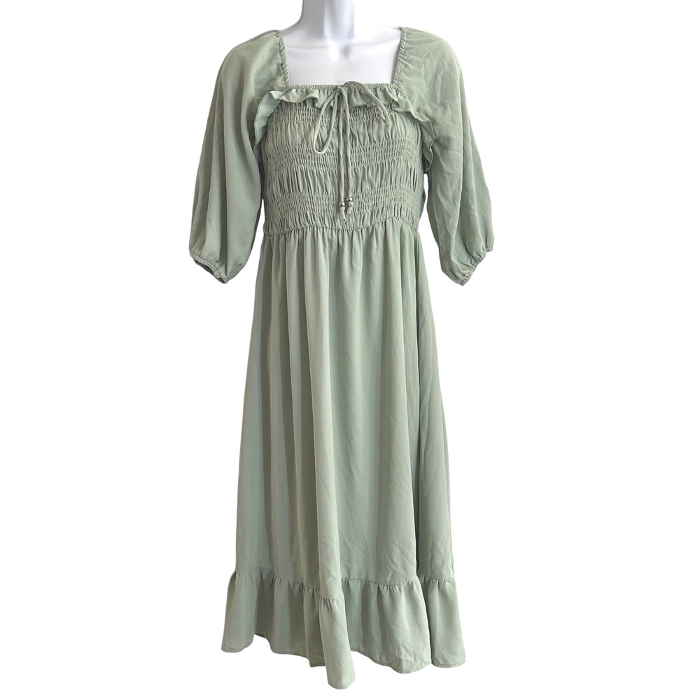 NWT Fashion Sage Green Smocked Midi Dress Square Neck Puff Sleeve Ruffle Trim M